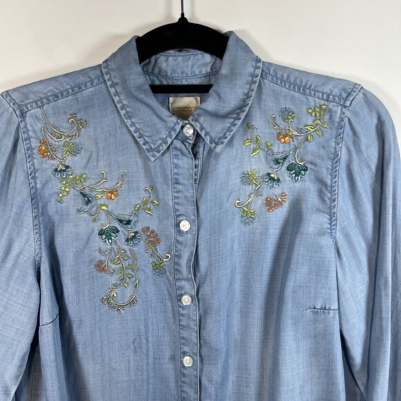 Chicos 0 Blouse Top Women’s S Blue Button Up Embroidered Floral Western Boho - Picture 2 of 10